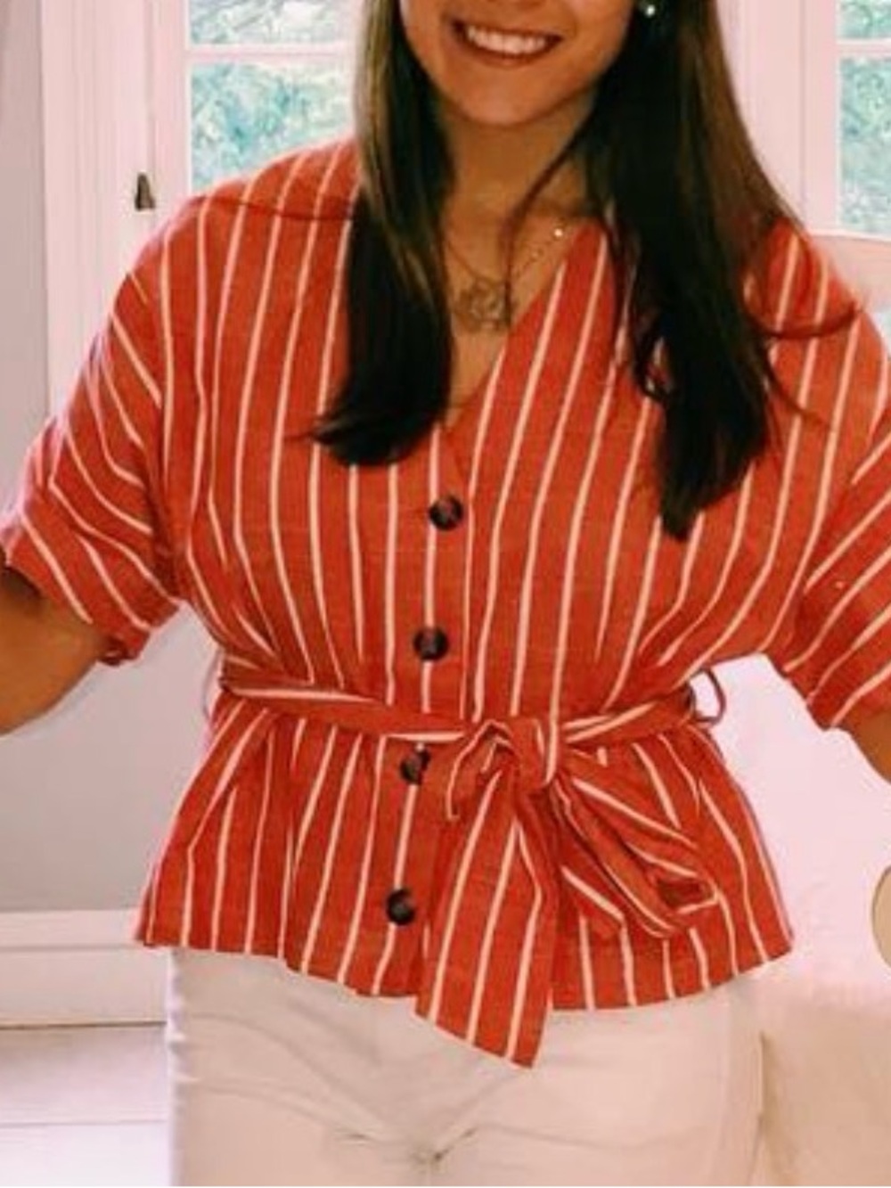 Topshop Striped Red Button-Front Tie-Waist Women's Top
